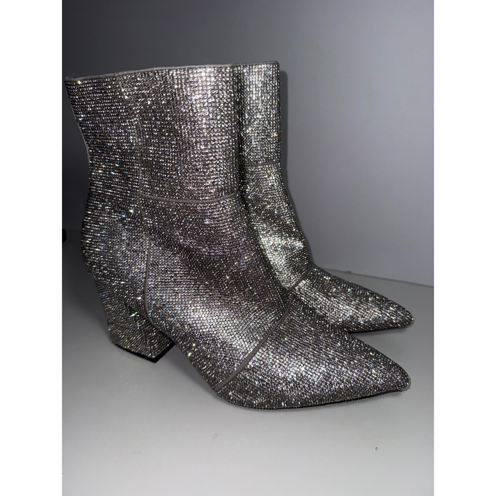 Madden Girl Cody-R Rhinestone Ankle Boots Silver Pointed Toe Block Heel 9.5 EUC